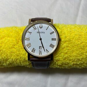 Bulova Classic American Clipper Watch White Face Brown Band Gold Model 97B183